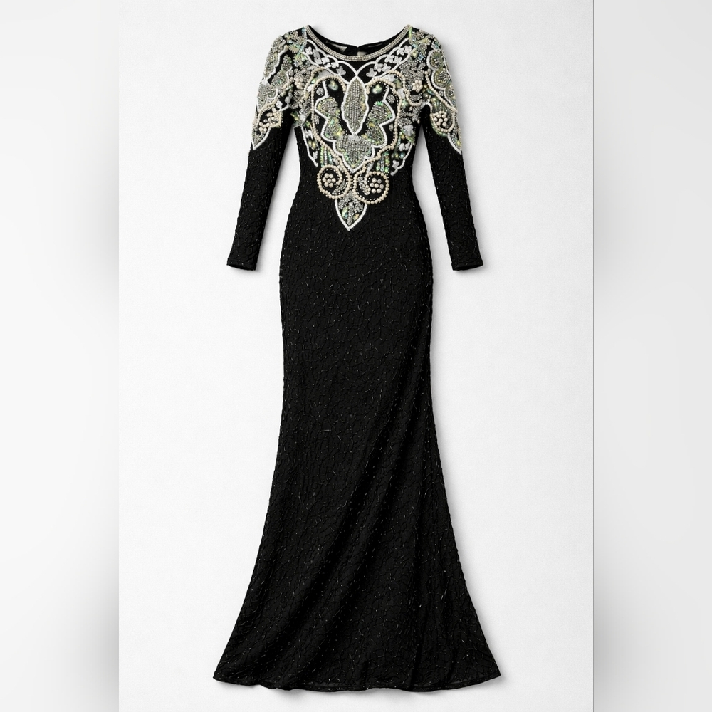 Vingage Elegant Black and Green Sequin Pearl Embellished Dress Silk India